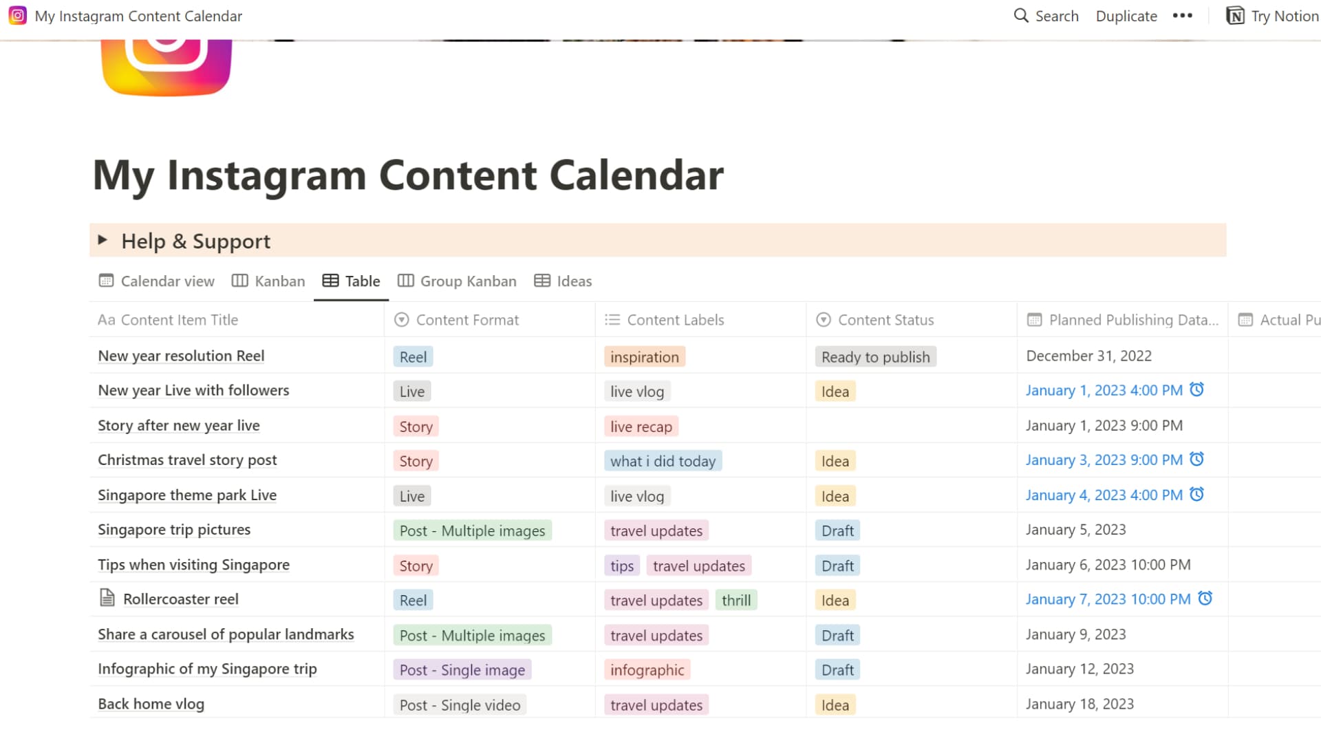 tabular view of instagram content calendar template