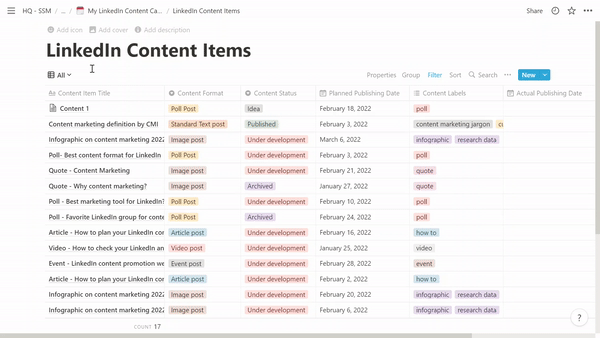 free linkedin content calendar template demo gif